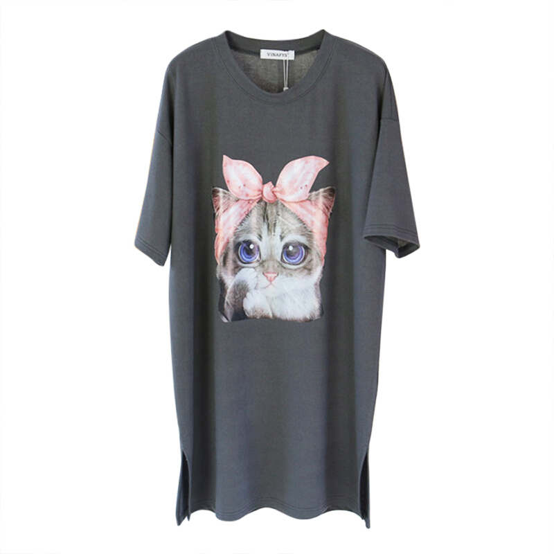 猫头短袖T恤女中长款ins同款潮人体恤连衣裙韩版宽松冰丝T恤裙夏粉红色均码