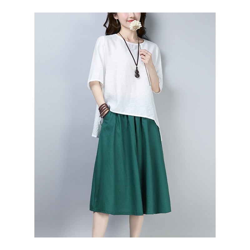 棉麻连衣裙女两件套2018夏季新款韩版宽松大码短袖亚麻套装裙子潮