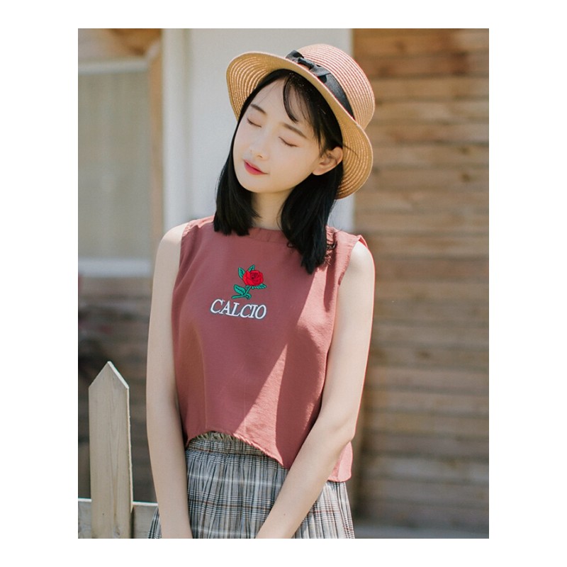 2018夏季新款韩版小清新刺绣背心漏肚脐显瘦打底外穿小带上衣女 锈红色 均码