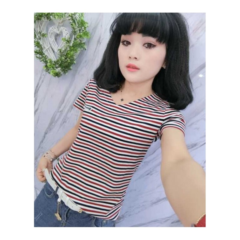 夏装新款女士条纹V领显瘦短袖女韩版细横条纹修身T恤半袖打底衫夏