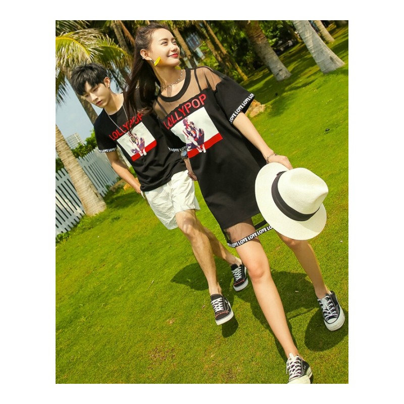 情侣装夏装2018夏季新款韩版网纱拼接气质百搭连衣裙短袖T恤春装