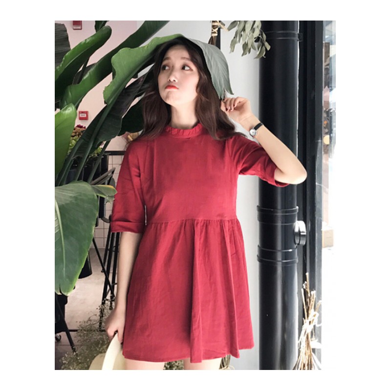 学院风小清新甜美木耳边娃娃裙女装韩版春装学生五分袖连衣裙子女杏色均码