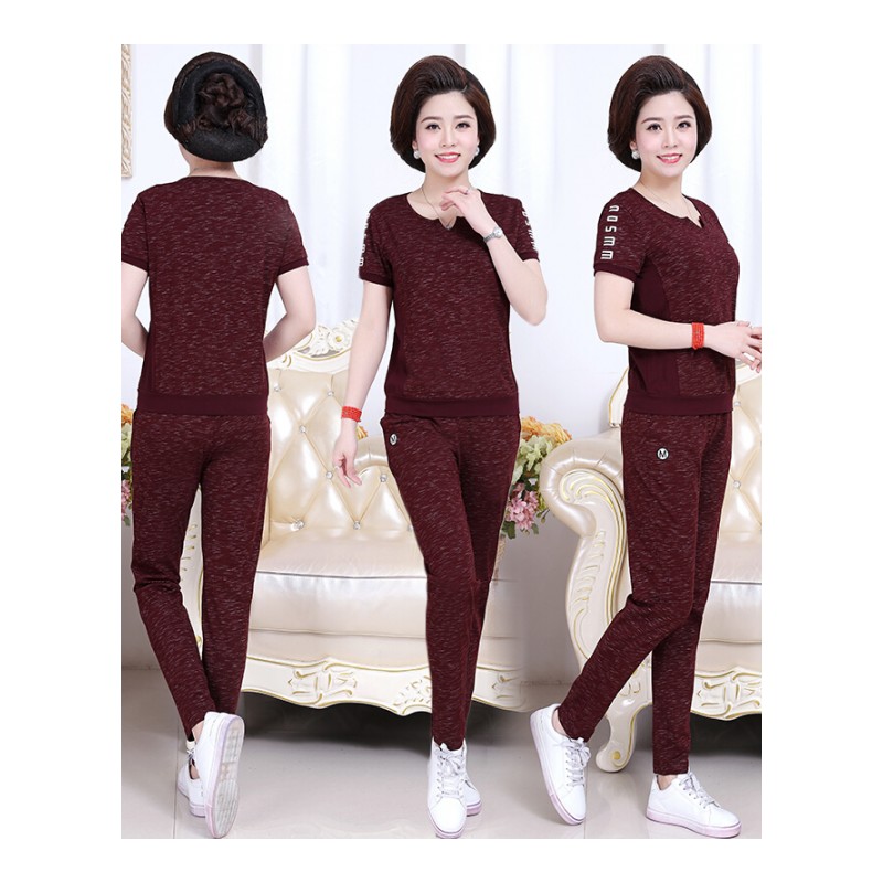 中老年运动服套装女新款时尚大码妈妈夏装短袖T恤长裤休闲两件套