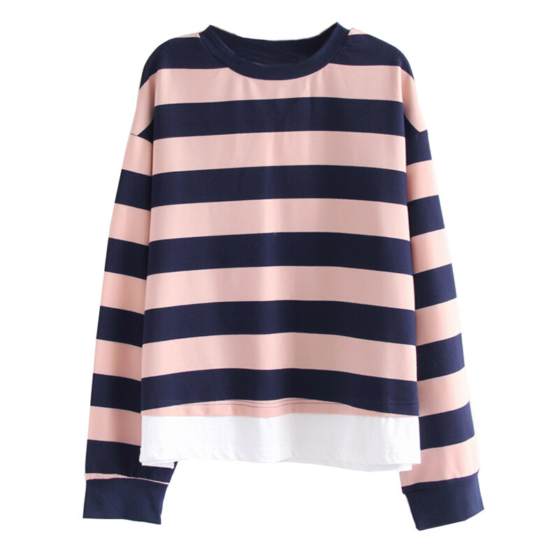 春秋新款宽松条纹卫衣女学生假两件韩版显瘦百搭长袖上衣打底衫粉红色