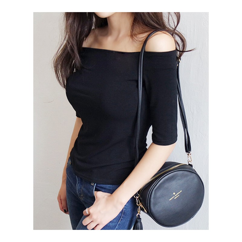 一字肩上衣漏锁骨修身显瘦纯色黑色T恤女紧身棉五分中袖打底衫