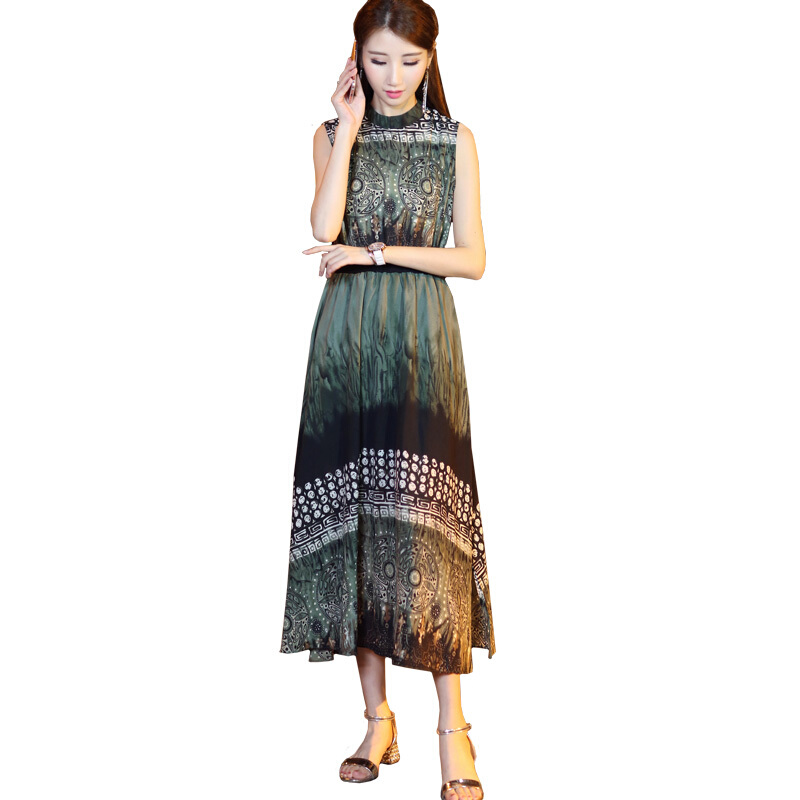 连衣裙女夏2018新款韩版女装无袖修身收腰显瘦复古印花雪纺长裙女绿色