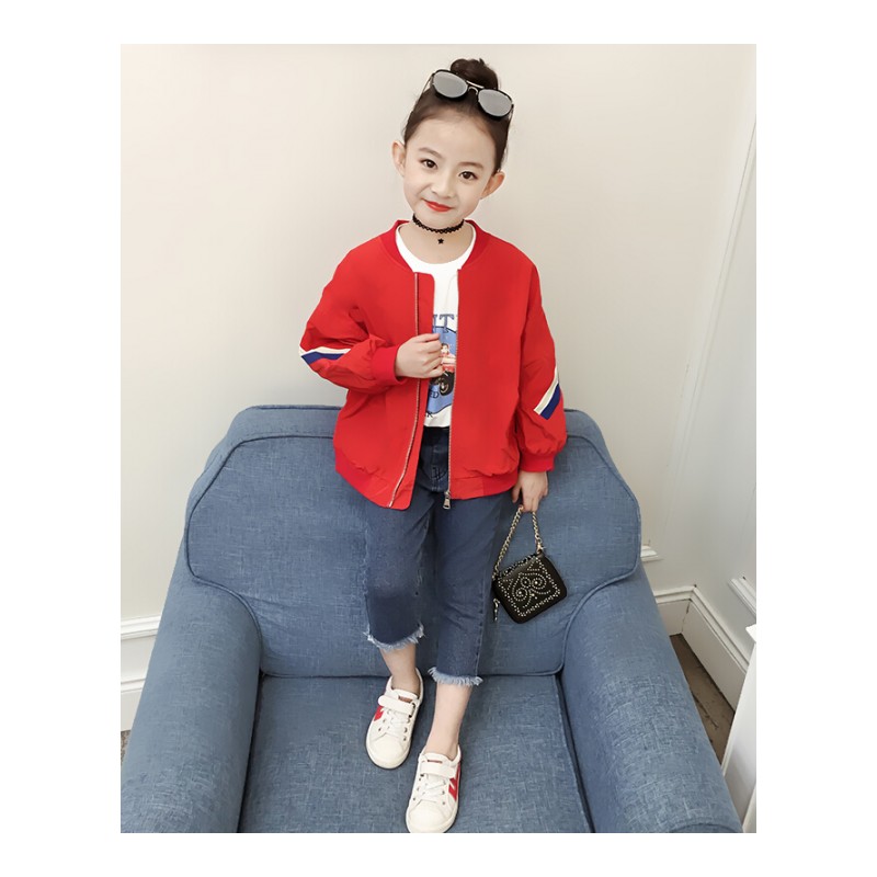 女童2018夏装新款夹克童装韩版时尚洋气外套小女孩儿童长袖棒球服白色挂牌7码95-110