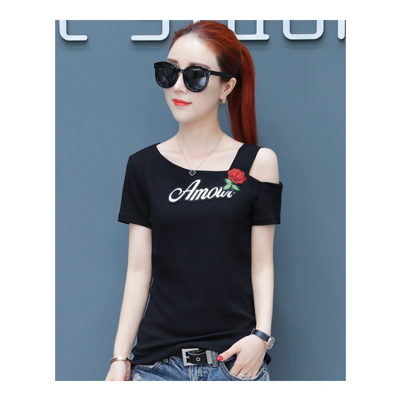 夏装玫瑰刺绣T恤女短袖2018新款韩版显瘦露肩学生体恤打底衫上衣