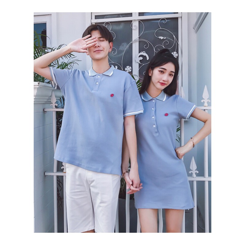 情侣装夏装2018新款韩版同色系短袖男女不一样的套装polo连衣裙子