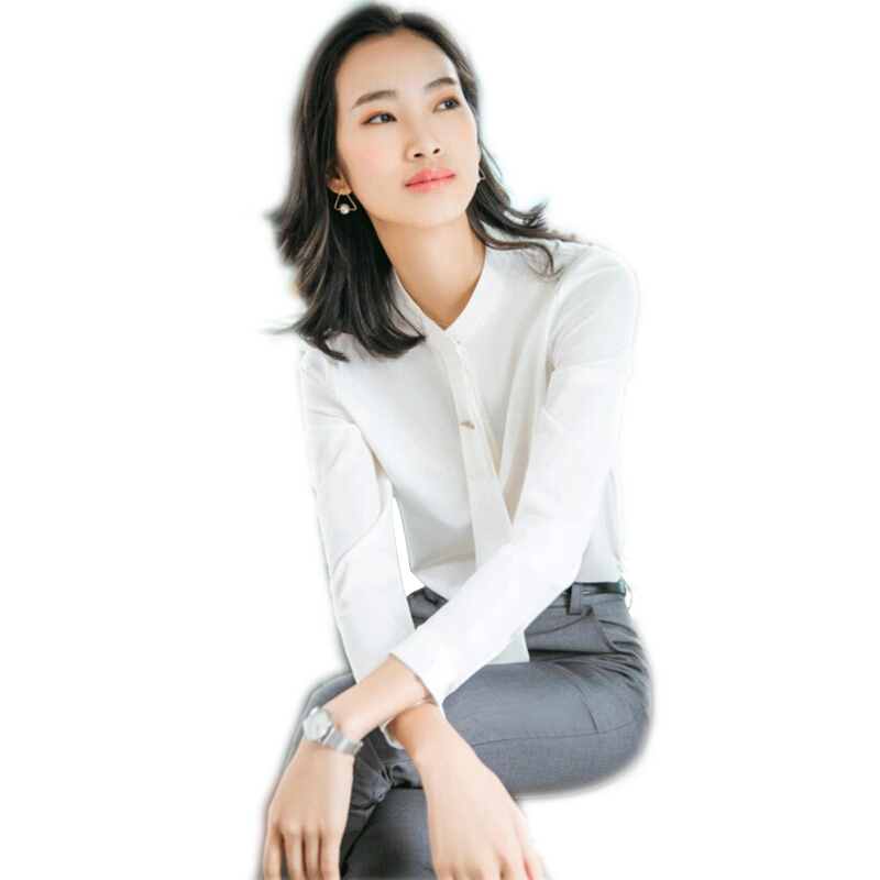 雪纺白色衬衫女长袖面试职业正装2018秋新款OL防走光工作服打底衣