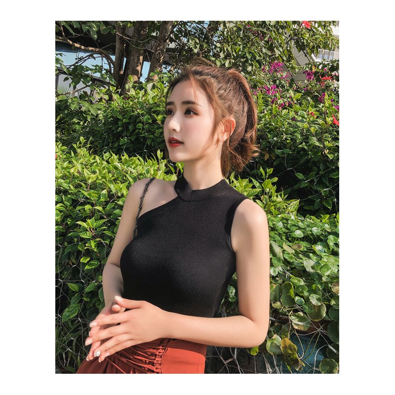 挂脖高端气质上衣漏锁骨无袖削肩针织性感打底带背心女夏外穿雾霾蓝均码