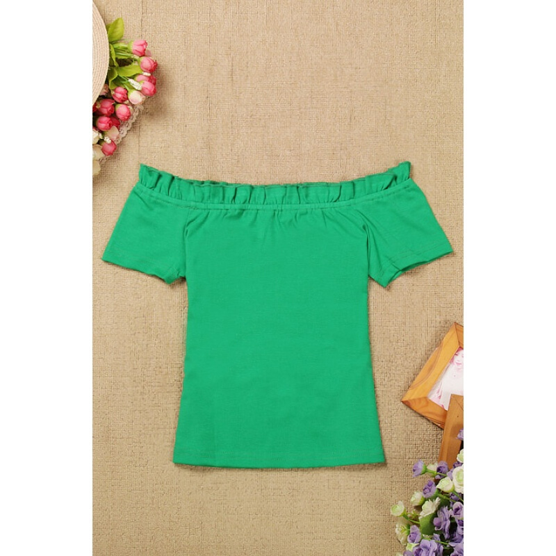 夏女装新款小心机高腰短装一字肩花边领露肩显瘦紧身短袖女上衣绿色均码