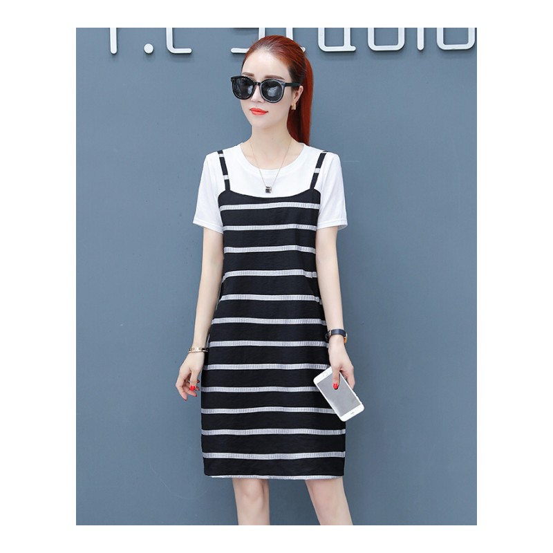 2018新款夏sukol裙小清新假两件小个子条纹连衣裙女减龄直筒裙子