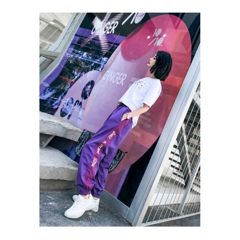 港风嘻哈束脚夏款hiphop裤女学生百搭运动休闲裤INS紫色宽松显瘦