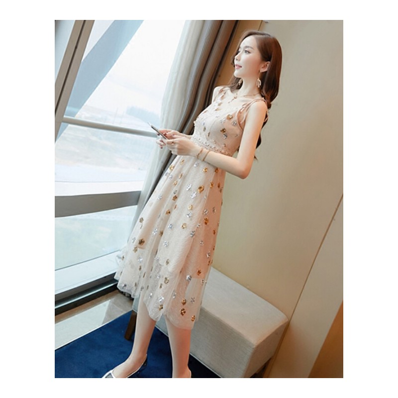 夏季2018新款冷淡风带无袖长裙温柔初恋超仙女收腰显瘦连衣裙子杏色