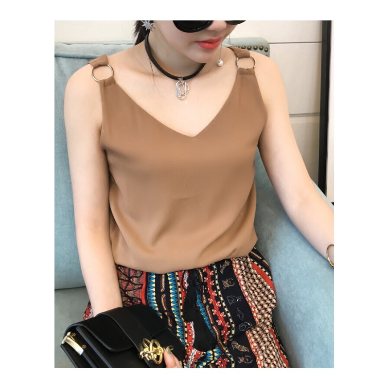 夏季新款短款纯色V领无袖带背心女韩版白搭宽松雪纺衫打底上衣