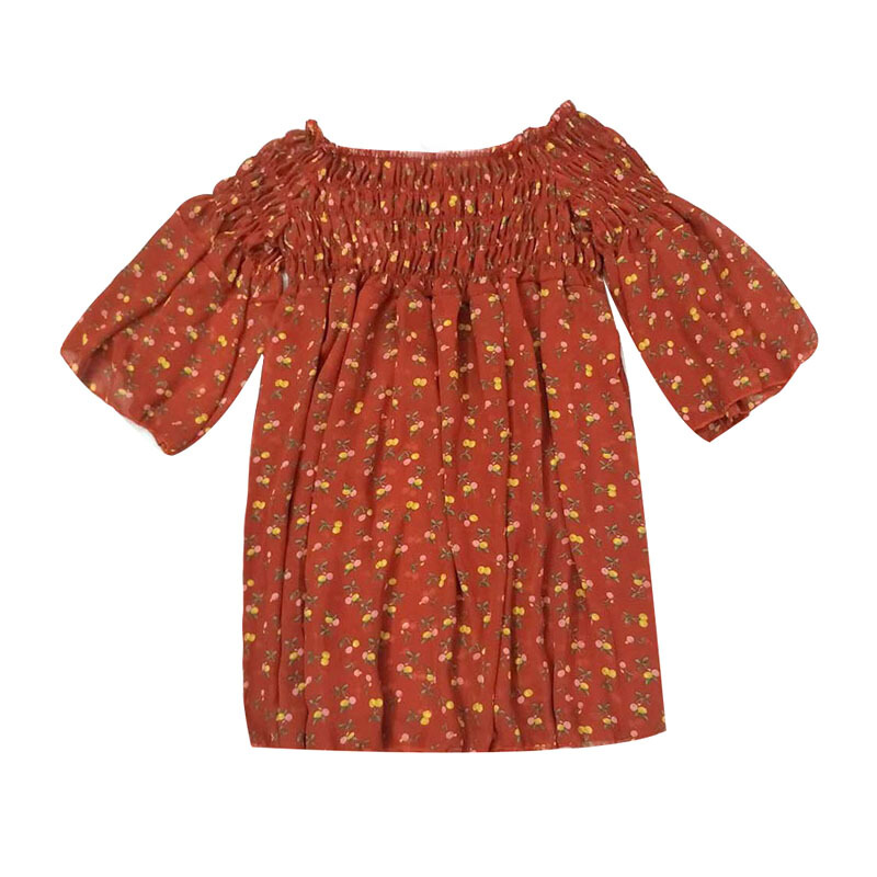 夏季新款韩版chic百搭一字领露肩宽松显瘦雪纺衫女印花五分袖上衣杏色均码