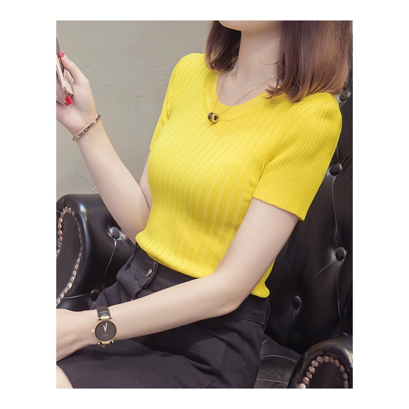 短袖女冰丝针织衫夏季2018新款chic打底薄紧身上衣夏天短款T恤潮纯白均码