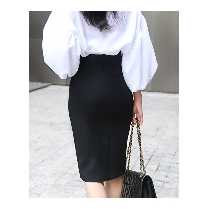 黑色包臀裙2018春季新款韩版通勤不规则开叉半身裙高腰修身一步裙