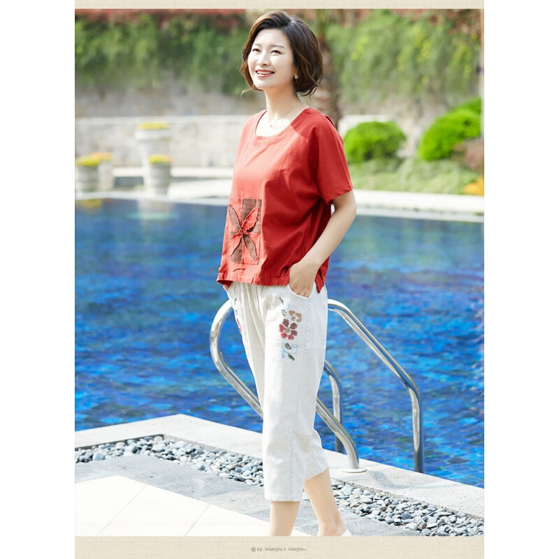 中老年女装夏装套装棉麻中年妈妈两件套短袖T恤洋气年轻时尚气质红色(上衣+裤子)
