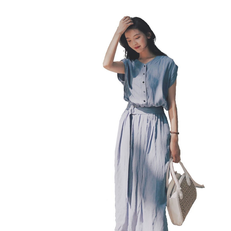 长裙女夏2018新款韩版收腰显瘦慵懒风裙子温柔极简气质雪纺连衣裙