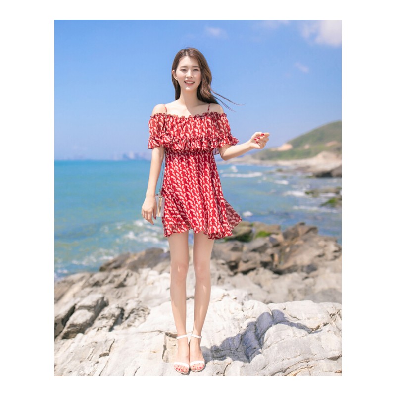 2018夏季新款矮小个子高腰小清新一字领露肩红色带雪纺连衣裙女红色