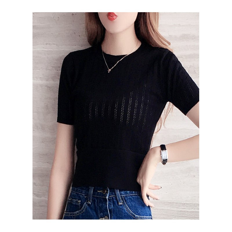 短袖女2018夏装新款修身薄款冰丝T恤短款紧身针织衫镂空高腰上衣