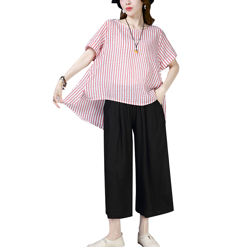 棉麻套装女2018夏季新款大码条纹宽松显瘦时尚阔腿裤亚麻两件套