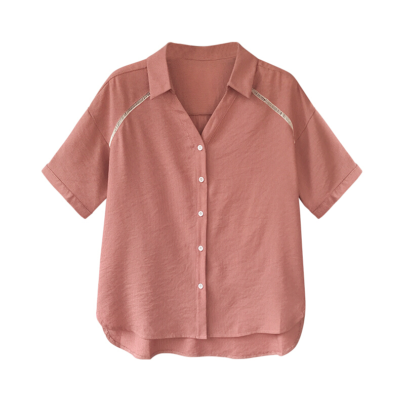 夏装新款大码女装短袖衬衫女胖mm宽松显瘦上衣V领小心机衬衣200斤咖啡色M80-100斤