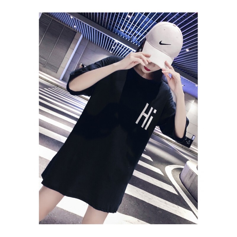 ins蓝色短袖下衣失踪T恤女2018夏新款韩版宽松字母中长款chic上衣