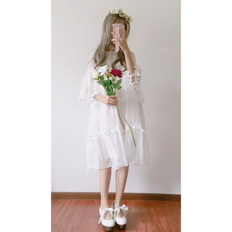 2018夏季新款女装韩版学生宽松花边仙女连衣裙+带裙两件套裙子 白色 均码