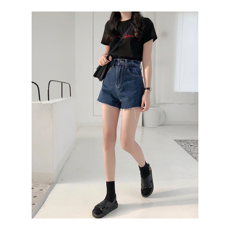 2018夏季韩版百搭显瘦牛仔短裤女高腰复古港风chic休闲裤磨边热裤图片色