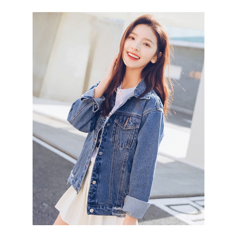 2018春秋新款牛仔外套女宽松学生韩版bf复古小清新显瘦上衣浅蓝色下摆磨破