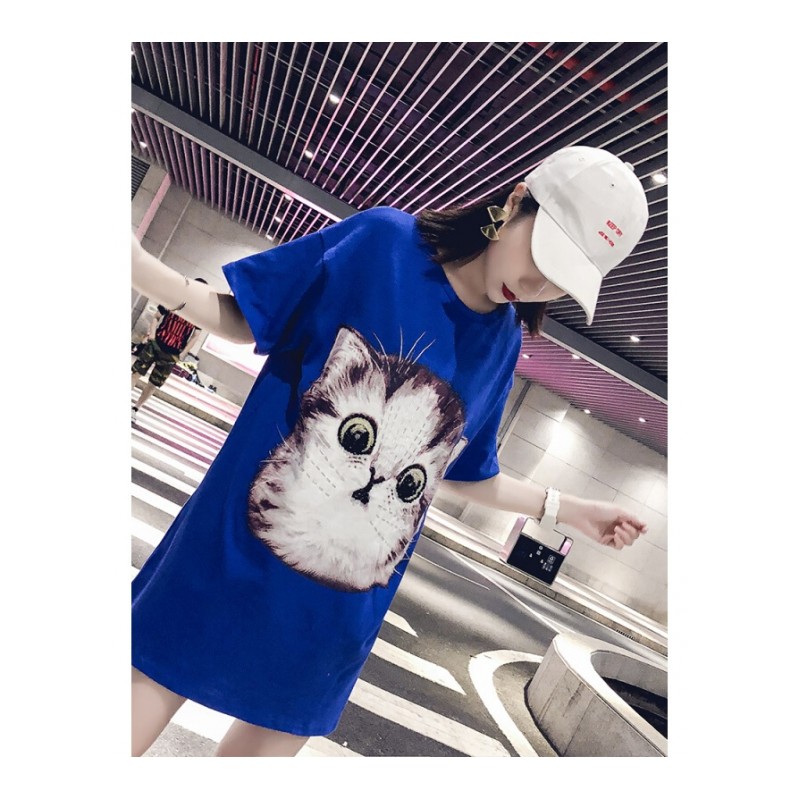 下衣失踪宽松大T恤女2018新款ins超火的短袖大猫头中长款蓝色上衣