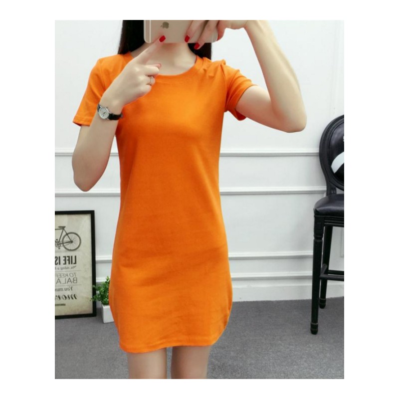 夏装韩版棉纯色修身显瘦中长款女短袖T恤包臀紧身上衣打底衫潮