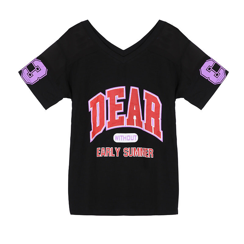 大码女装胖mm2018新款夏装V领字母印花洋气藏肉T恤显瘦小心机上衣黑色