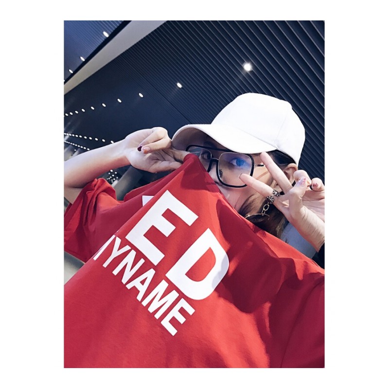 ins超火的上衣短袖下衣失踪风T恤女夏中长款韩版宽松bf百搭大红色