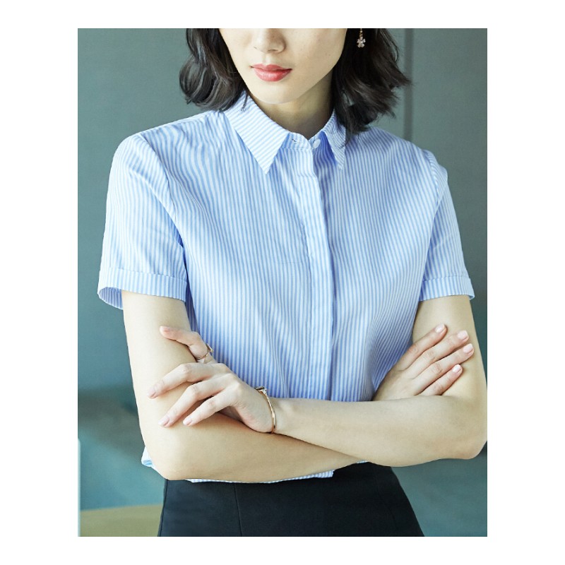 短袖衬衫女2018夏装新款棉蓝白条纹正装寸衫女士职业衬衣工作服浅蓝