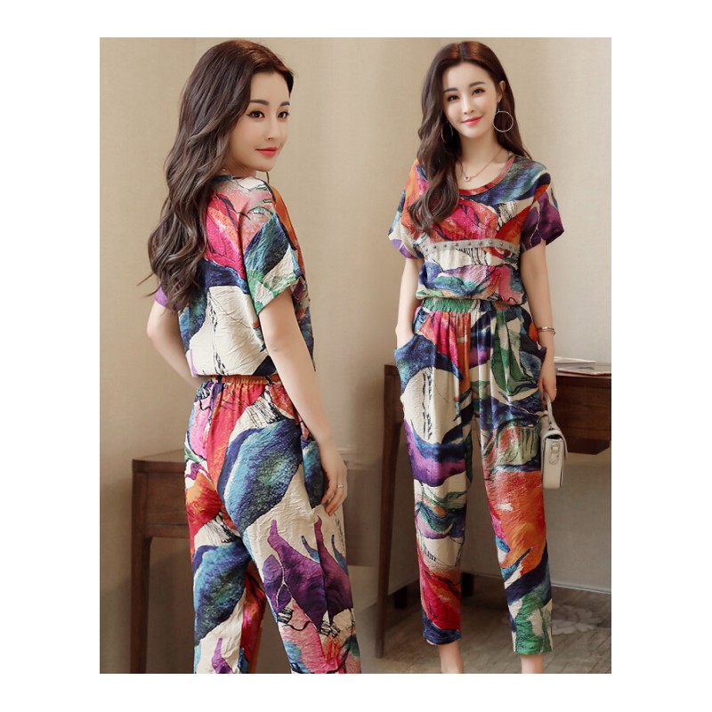 夏天棉麻胖妹妹腰粗遮肚子阔腿裤套装女士时尚宽松显瘦亚麻两件套