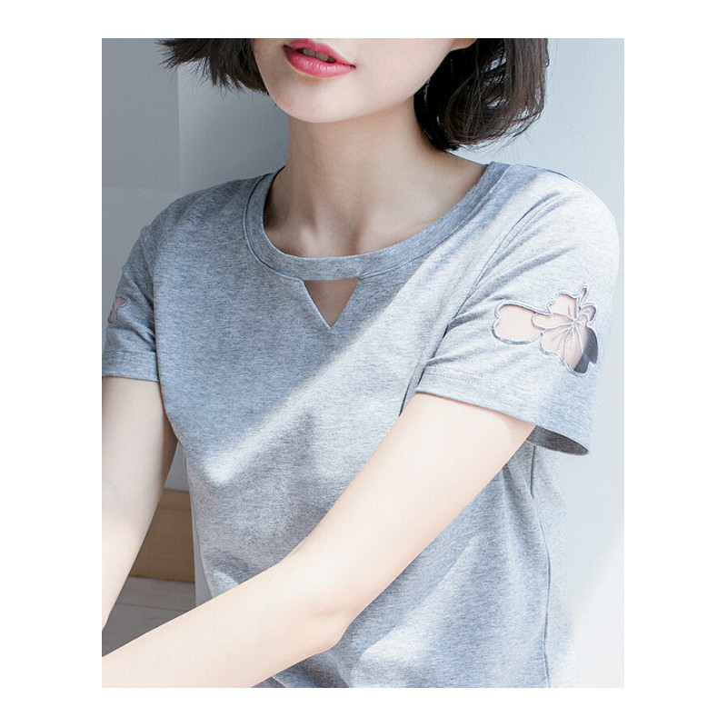 2018夏装新款韩版大码胖mm半袖上衣显瘦网纱镂空绣花短袖T恤女装