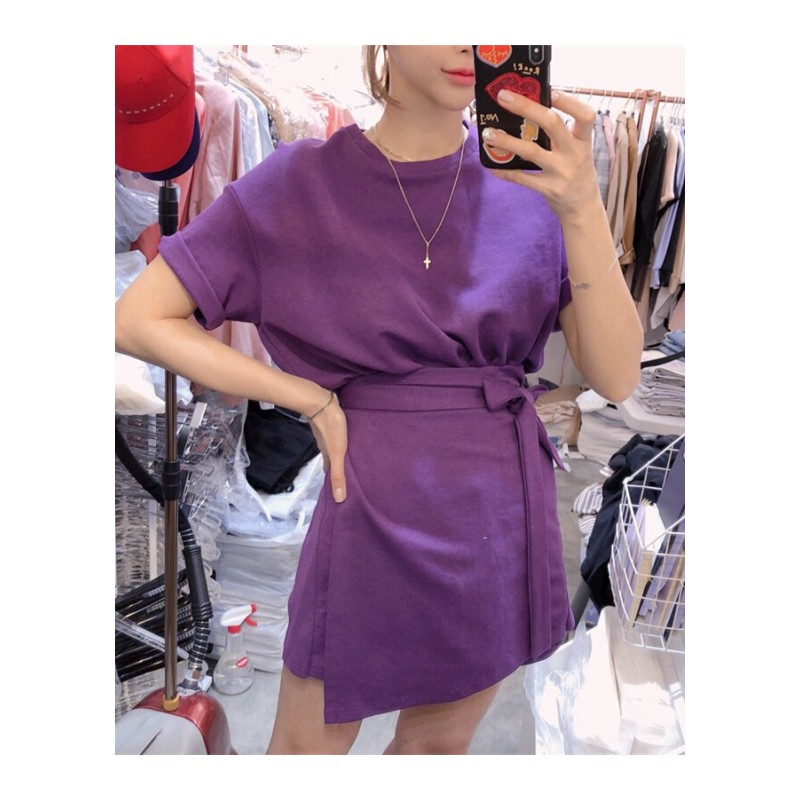 2018夏装新款紫色短袖连衣裙绑带收腰港味ins超火中长款裙子女装紫色