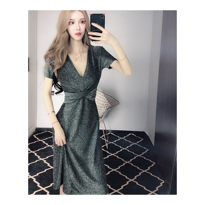 2018夏季闪闪主播服装性感小心机女装深V领中长款收腰显瘦连衣裙杏色均码