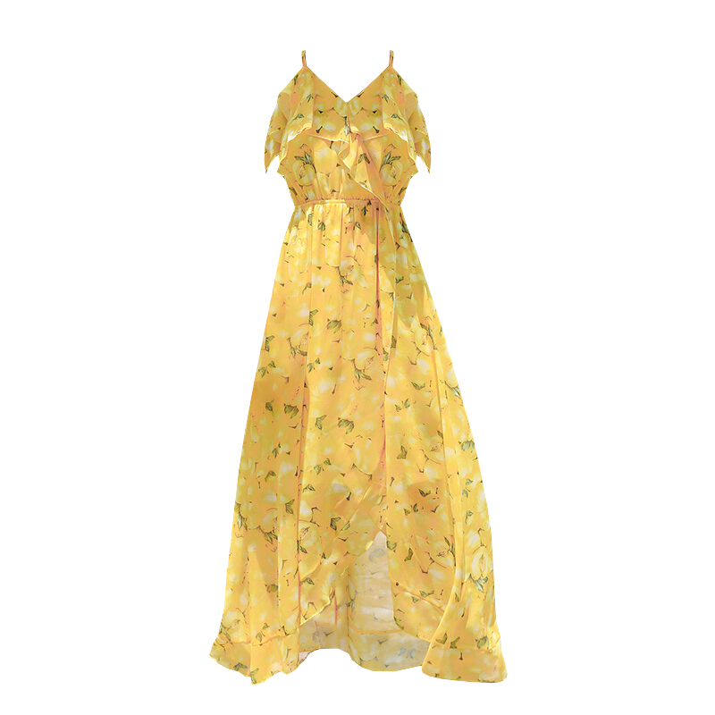 沙滩裙女夏季2018新款海边度假旅游显瘦雪纺带波西米亚连衣长裙百花齐放带可有内衬