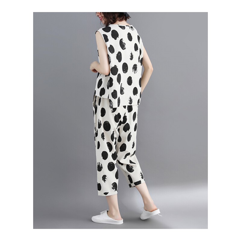 大码套装女夏2018新款胖mm心机上衣七分哈伦裤亚麻圆点时尚两件套 米白色 均码[100-170斤]