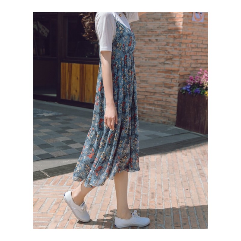 2018夏季新款韩版碎花连衣裙女小清新中长款宽松雪纺带裙两件套两件套裙子+针织T恤