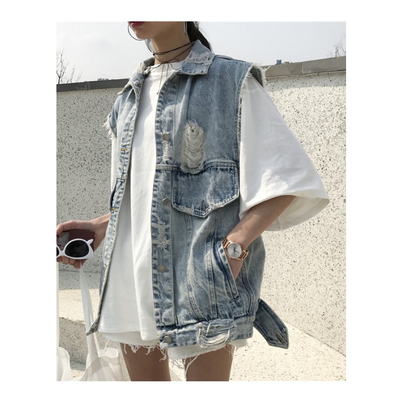 中长款牛仔马甲女夏季大码胖MM200斤宽松防晒牛仔外套无袖破洞潮图片色质量好和上图一样