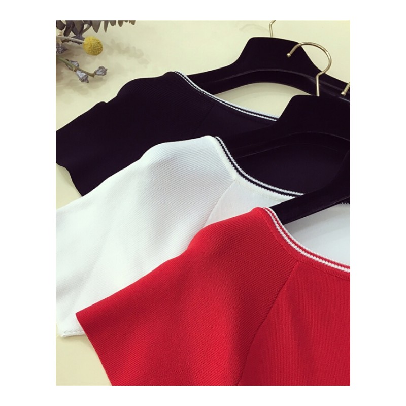 一字领T恤女套头短袖修身百搭针织衫冰丝打底衫简约夏装韩版上衣