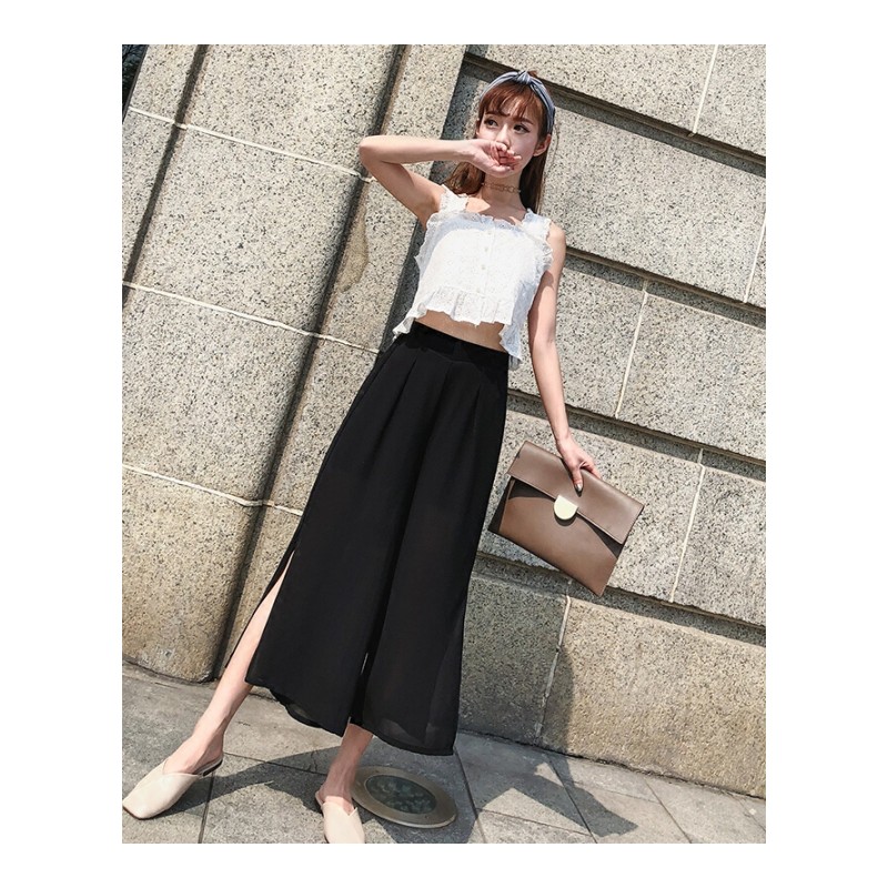 夏季薄款雪纺开叉复古温柔风垂感阔腿裤女原宿bf九分ulzzang裤子黑色