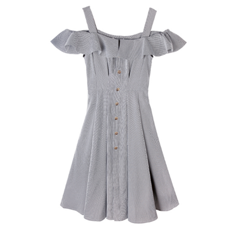 带连衣裙女夏2018新款中长款韩版一字露肩性感气质显瘦a字裙潮 千鸟格 S