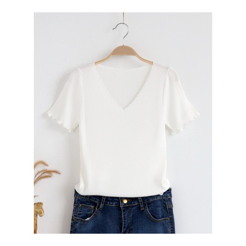 冰丝短袖女夏2018新款韩版短款V领打底衫薄款荷叶边针织衫T恤宽松